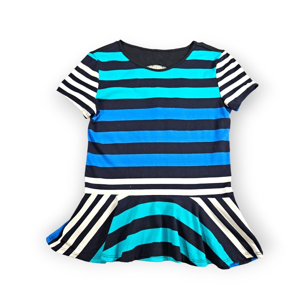 Shelly Blouse Size Medium Blue Peplum Colorblock Striped Keyhole Back Stretchy